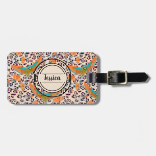 Bird of Paradise, leopard skin, Coral and turquois Luggage Tag