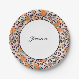 Bird of Paradise, leopard skin, Coral and turquois Paper Plate