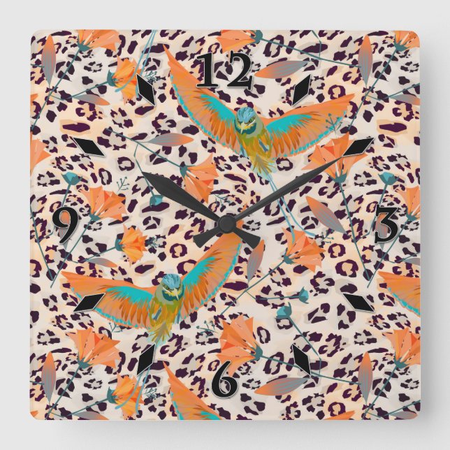 Bird of Paradise, leopard skin, Coral and turquois Square Wall Clock (Front)