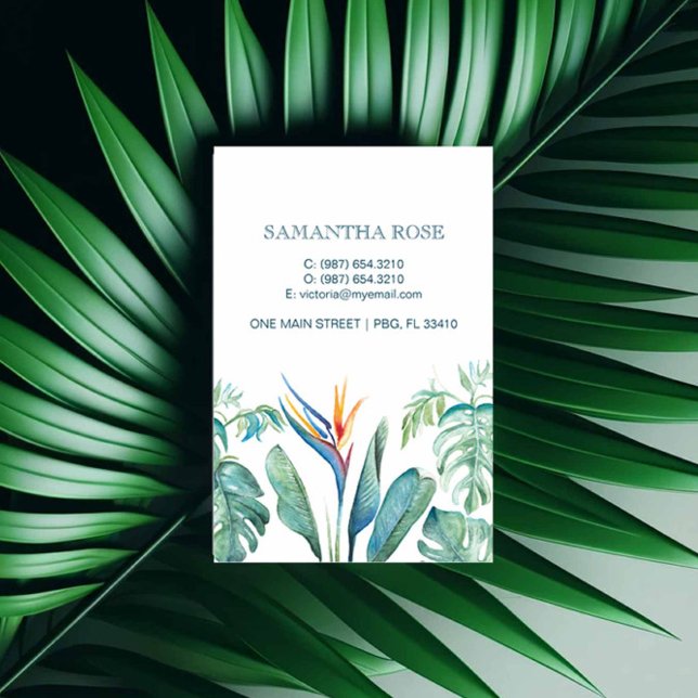 Bird of Paradise Monstera Palm Leaves Business Card (Tropical business cards feature watercolor orange florals and palm leaves by Victoria Grigaliunas)
