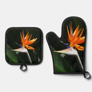 Bird of Paradise Orange Tropical Flower Oven Mitt & Pot Holder Set
