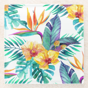 Bird Of Paradise & Orchid Pattern 2 Glass Coaster