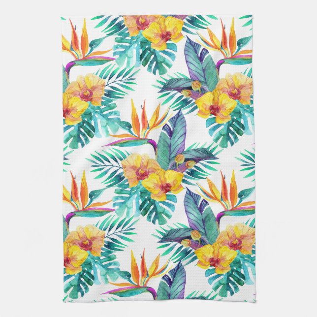 Bird Of Paradise & Orchid Pattern Tea Towel (Vertical)