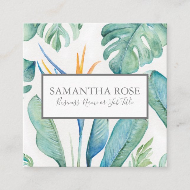 Bird of Paradise Tropical Greenery Square Business Card (Front)