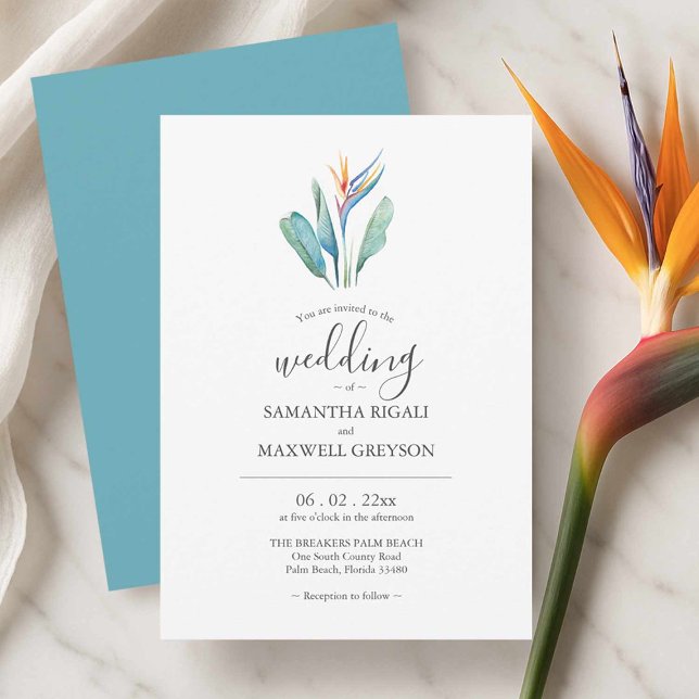 Bird of Paradise Watercolor Wedding Invitations (Wedding invitations cards watercolor tropical bird of paradise art by Victoria Grigaliunas)