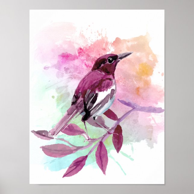 Bird on a branch watercolor nature poster (Front)