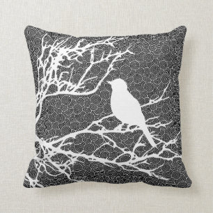 Bird on a Branch, White Against Black Pattern Cushion