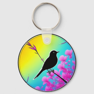 Bird On A Branch With Vibrant Artistic Backdrop Key Ring