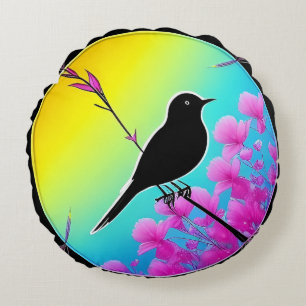 Bird On A Branch With Vibrant Artistic Backdrop Round Cushion