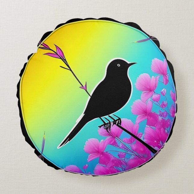 Bird On A Branch With Vibrant Artistic Backdrop Round Cushion (Front)