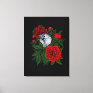 Bird on a red peony bouquet canvas print