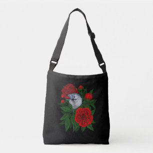 Bird on a red peony bouquet crossbody bag
