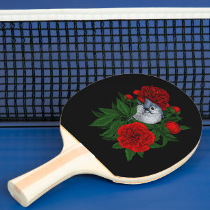 Bird on a red peony bouquet ping pong paddle