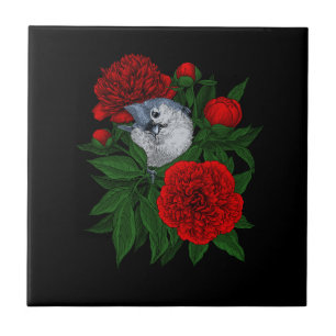 Bird on a red peony bouquet tile