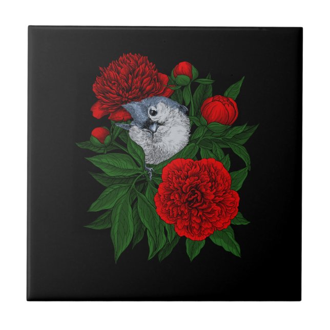 Bird on a red peony bouquet tile (Front)