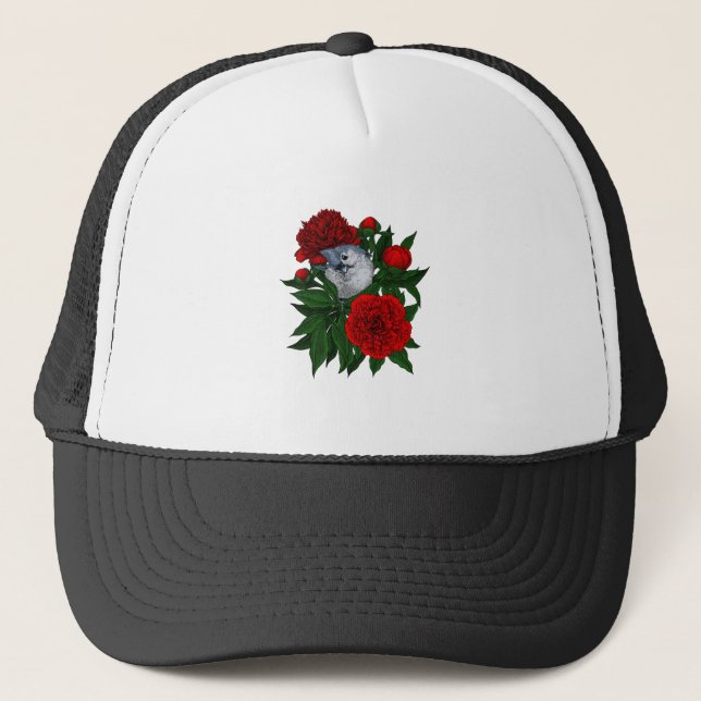 Bird on a red peony bouquet trucker hat (Front)