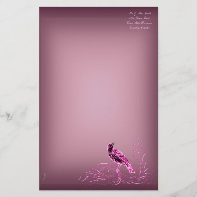 Bird on a Scroll (Pink) Stationery (Front)