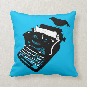 Bird on a Typewriter Pillow (blue background)
