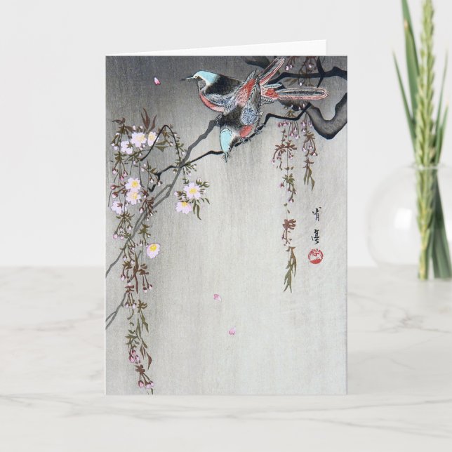 Bird on a Weeping Cherry Branch, Watanabe Seitei Card (Front)