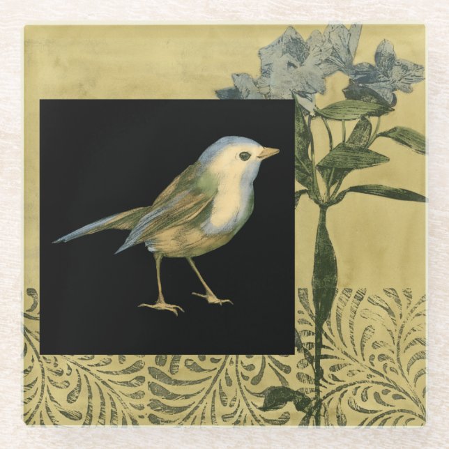 Bird on Black and Vintage Background Glass Coaster (Front)