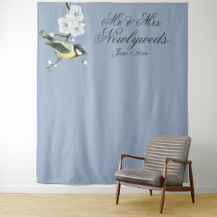 Bird on Branch, Mr & Mrs Newlywed Photo Backdrop Tapestry