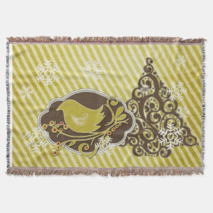 Bird on Olive Stripe Holiday Throw Blanket