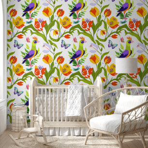 Bird on Tulips: The Jewel of Spring Gardens Wallpaper