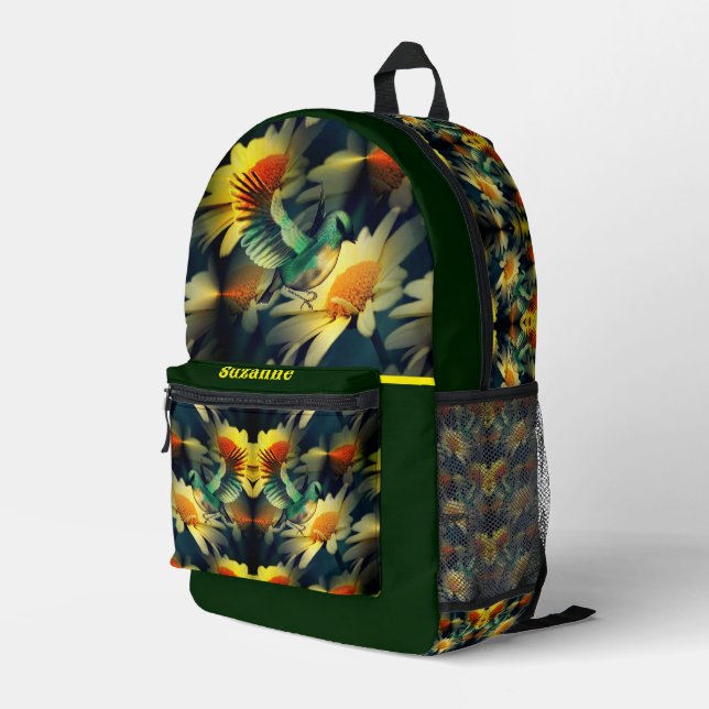 Bird On Yellow Daisies Fantasy Art Personalised Printed Backpack (Back Corner Right)