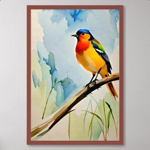 Bird Painting of Colorful Elegant Songbird on Twig Poster