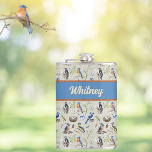 Bird Pattern Kingfisher, Blue Jay, Woodpecker Name Hip Flask