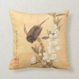Bird & Peach Blossoms Ming Dynasty Oriental Art Cushion