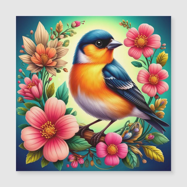 Bird Perched Amongst Colourful Flowers (Front)