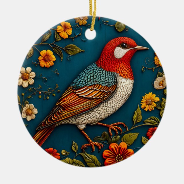 Bird Perched Amongst Colourful Flowers Ceramic Tree Decoration (Front)