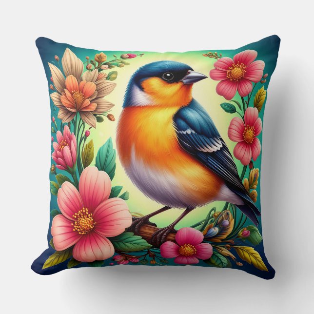 Bird Perched Amongst Colourful Flowers Cushion (Front)