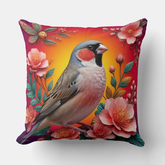 Bird Perched Amongst Colourful Flowers Cushion (Front)