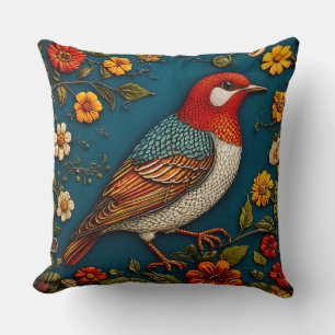 Bird Perched Amongst Colourful Flowers Cushion