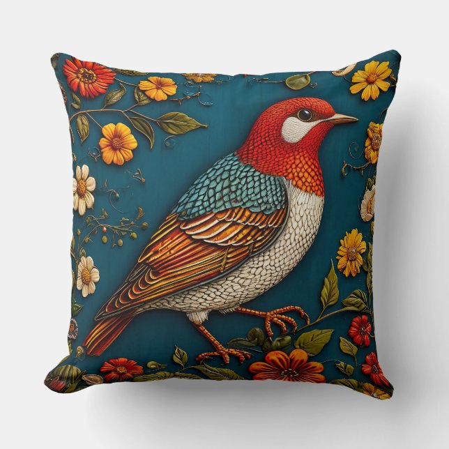 Bird Perched Amongst Colourful Flowers Cushion (Front)