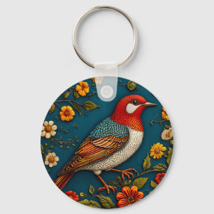 Bird Perched Amongst Colourful Flowers Key Ring