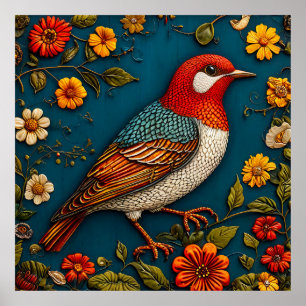 Bird Perched Amongst Colourful Flowers Poster
