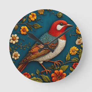 Bird Perched Amongst Colourful Flowers Round Clock