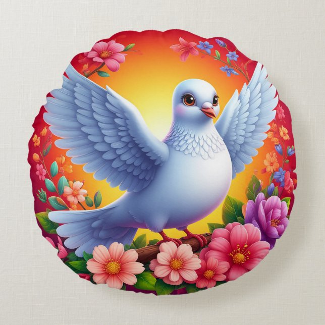 Bird Perched Amongst Colourful Flowers Round Cushion (Front)