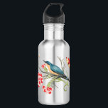 Bird perched on tree branch 532 ml water bottle<br><div class="desc">Bird perched on tree branch with red and white carnation flowers.</div>