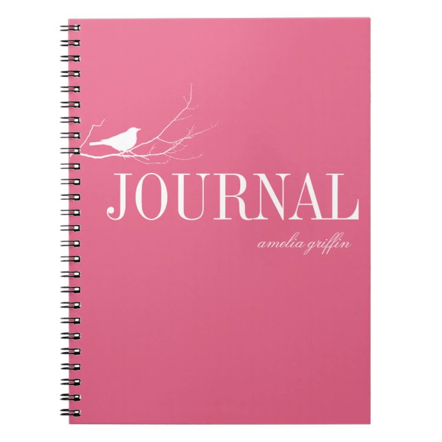 Bird perched on tree branch pink custom journal (Front)