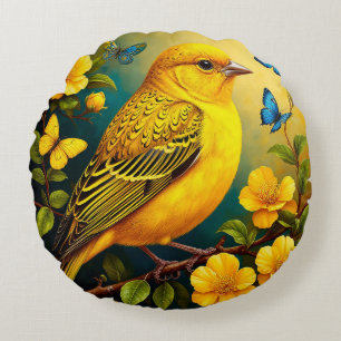 Bird Perched Vibrant Floral Nature Gift Inspired Round Cushion