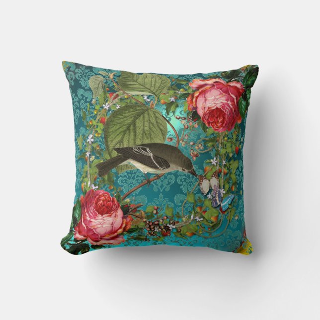 BIRD, PINK ROSES BUTTERFLIES AQUA BLUE,TEAL DAMASK CUSHION (Front)