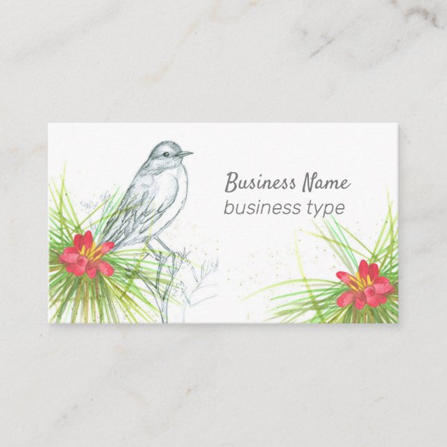Bird Pollen Cone Pine Tree Branch Watercolor Business Card (Front)