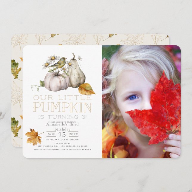 Bird Pumpkin Fall Watercolor Birthday Photo Invitation (Front/Back)