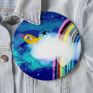 Bird rainbow blue sky 6 cm round badge