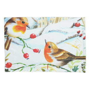 Bird Robin Couple Winter Holly Christmas Pillowcase