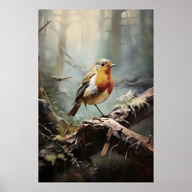 Bird Robin in forest wall print, bird rustic Poster (Front)